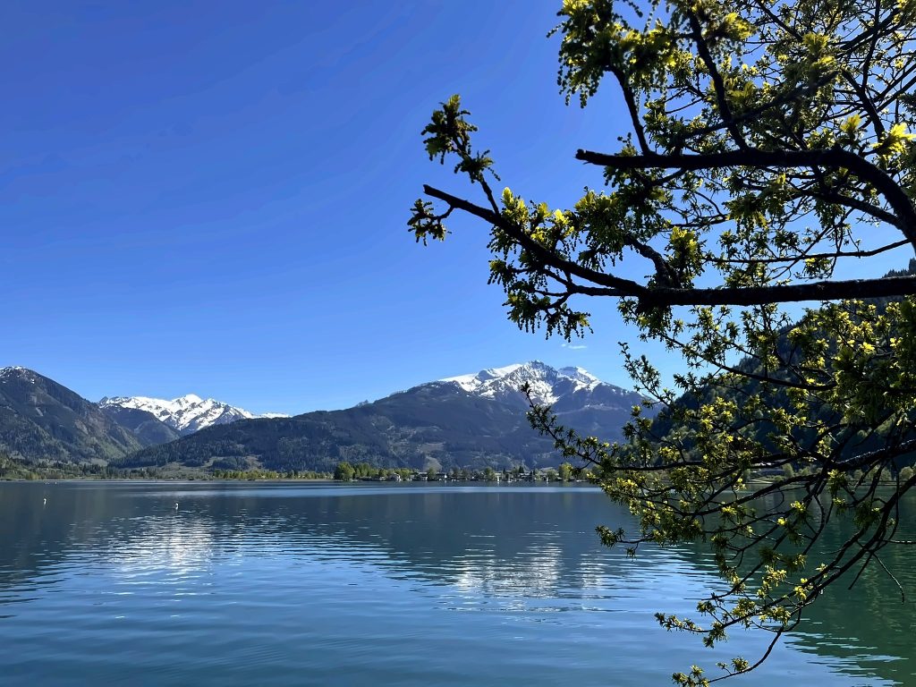 Blauer See und in der Ferne schneebedeckte Bergspitzen.